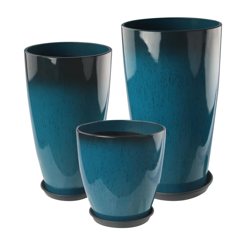 Goldshire 24-21-11 Inch Tall Planters Set of 3, Indoor Outdoor Blue Glossy Round Planter with Drainage Hole and Saucer, Large Decorative Plant Pots for Home Garden Porch