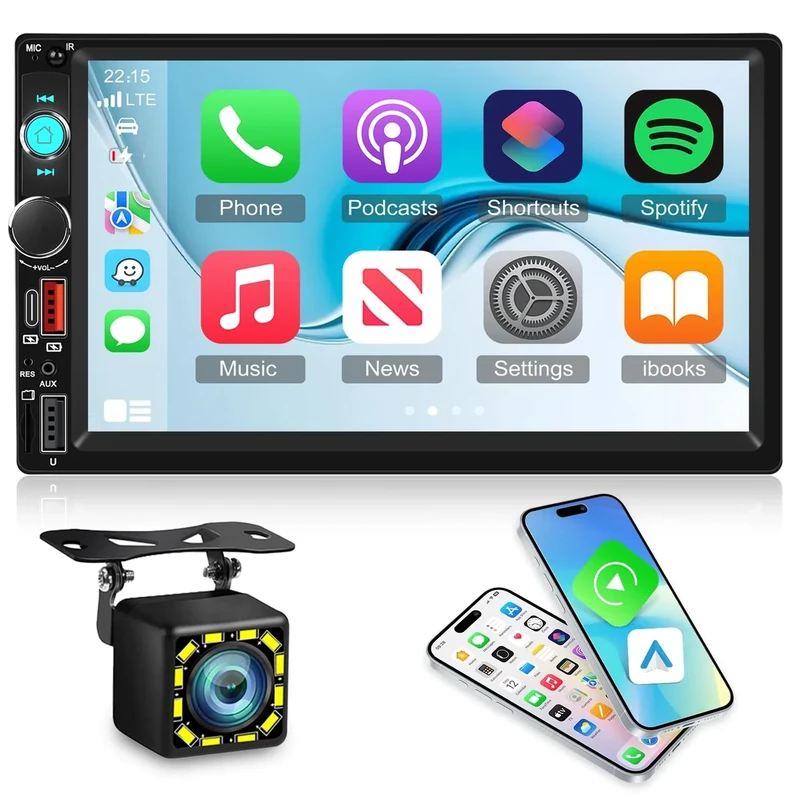 Techschermo Double Din Car Stereo with Wireless Carplay and Android Auto - 7 Inch Touchscreen Bluetooth Car Radio - Online Video/Mirror Link/EQ Audio/FM/Color Key Light + 12leds Backup Camera