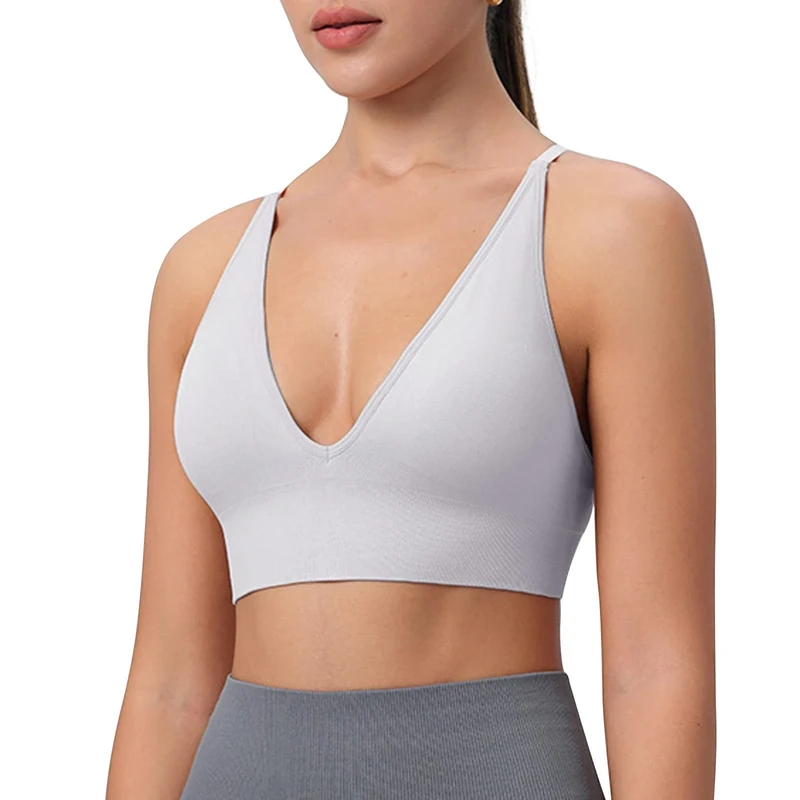 Runmeihe Sports Bras for Women with Padded Deep V Seamless Wirefree Criss Cross Bralette for Workout Yoga Crop Top Bra (UK, Alpha, S, Regular, Regular, White)
