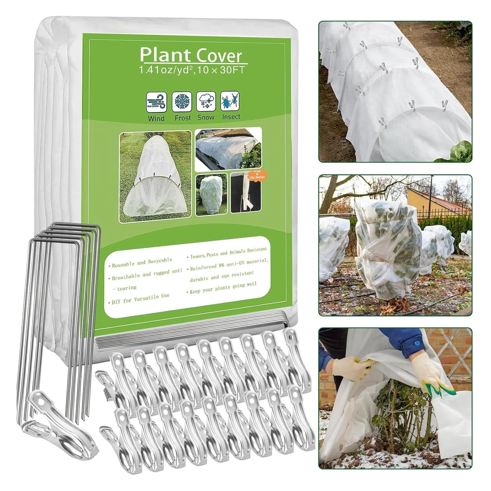 Kockuu Garden Fleece Frost Protection, 3m x 9m 45gsm Horticultural Fleece Plants Covers with 14 Ground Pegs 20 Clips for Winter Cold Insect Bird Protection, White