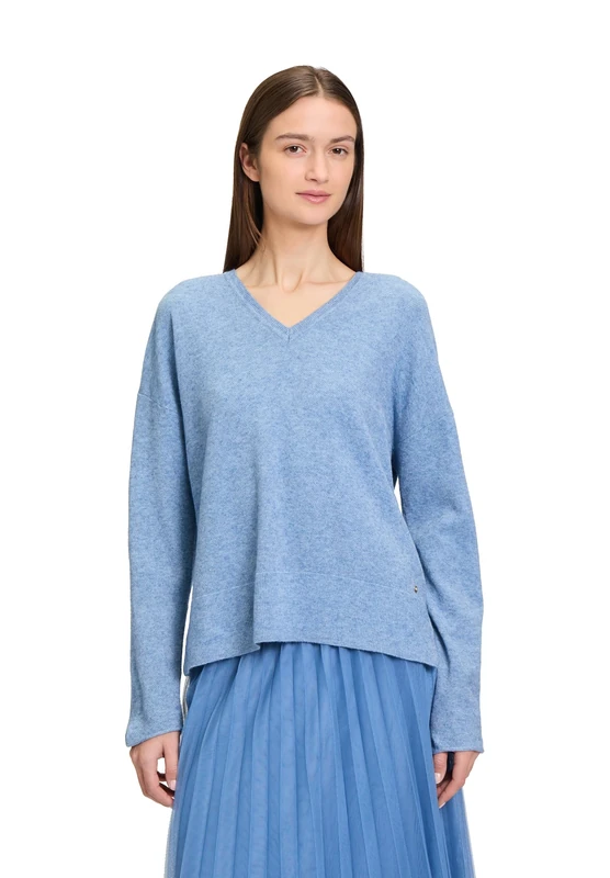 Betty & Co Women's Knitted V-Neck Jumper, Moonlight Blue Melange, 14