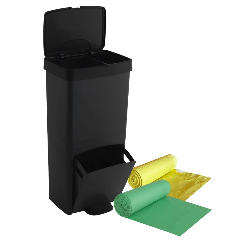 WELL HOME MOBILIARIO & DECORACIÓN 70 Litre Black Vertical 2 Compartment Waste Bin Recycling Bin 76cm Includes Matching 30+40L Bin Liners