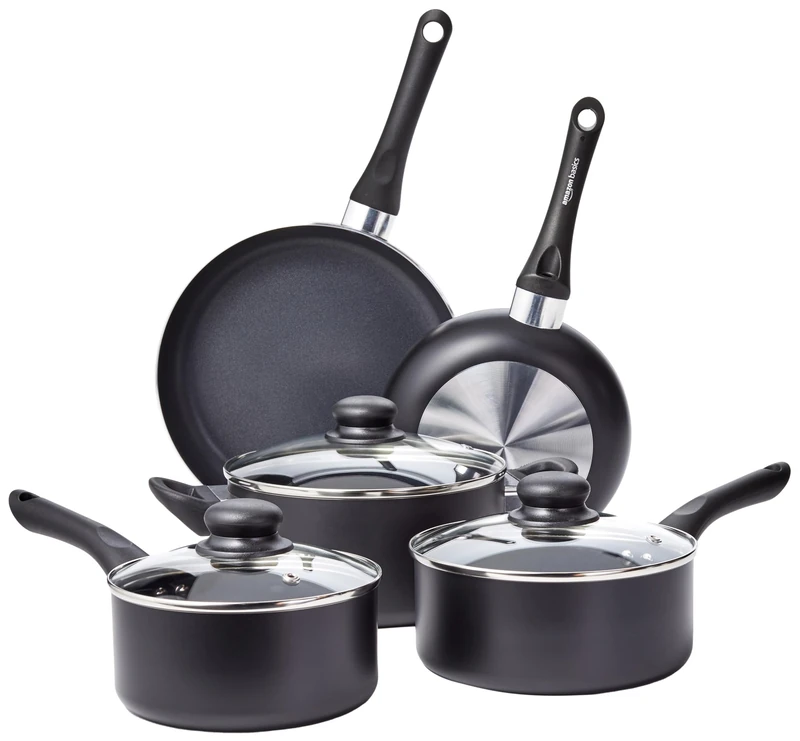 Amazon Basics Ceramic Non-Stick Cookware 8-Piece Set, Pots and Pans, Black