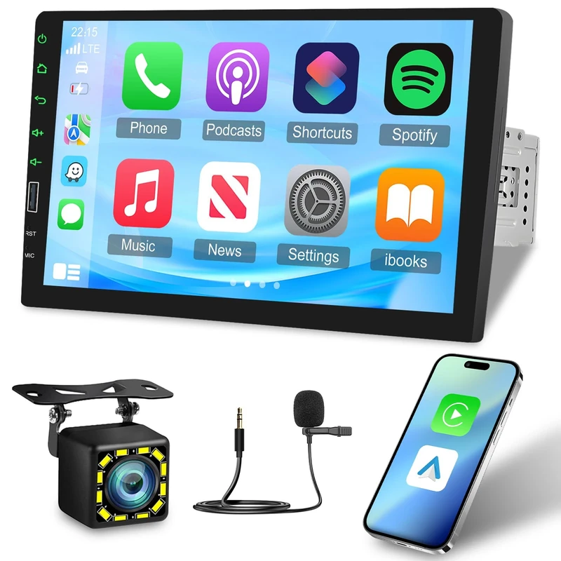 Techschermo Single Din Car Stereo with Wireless Carplay and Android Auto - 9 Inch Touchscreen Car Radio with Bluetooth/EQ Audio/Mirror Link/SWC/FM / 7 Color Backlight + 12leds Rear View Camera