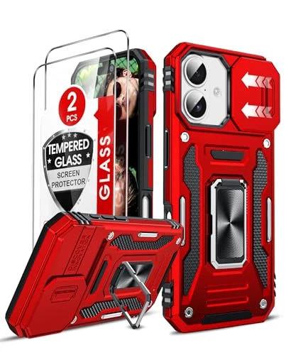 LeYi for iPhone 17 Phone Case with Camera Lens Cover Slider, 2 Pack Screen Protectors, Ring Stand Holder Military Grade Protective Shockproof Armour Cover for i Phone 17, Red