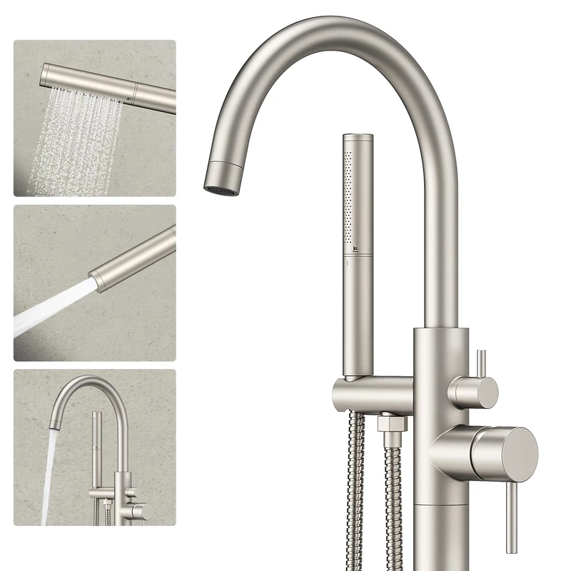 Freestanding Bath Faucet Brushed Nickel Floor Mounted Freestanding Metal Bathtub Gooseneck Spout with 2 Functions Handheld Shower