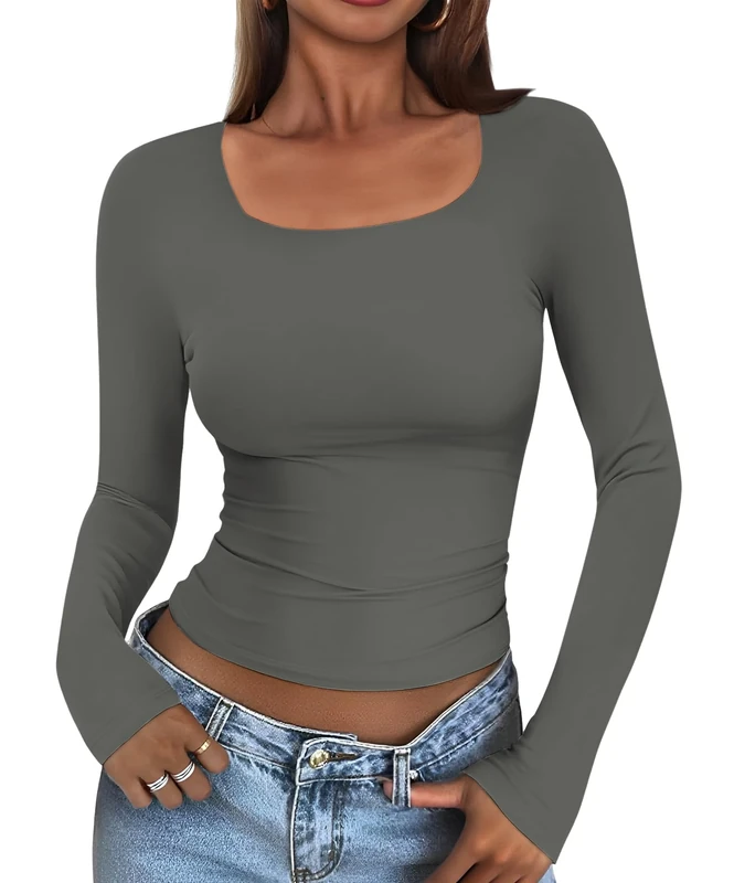 Cuptacc Long Sleeve Women's Tight Top Plain Double Lined Square Neck T-Shirt Women's Long Sleeve Elegant Basics Tops, darkgray, XS