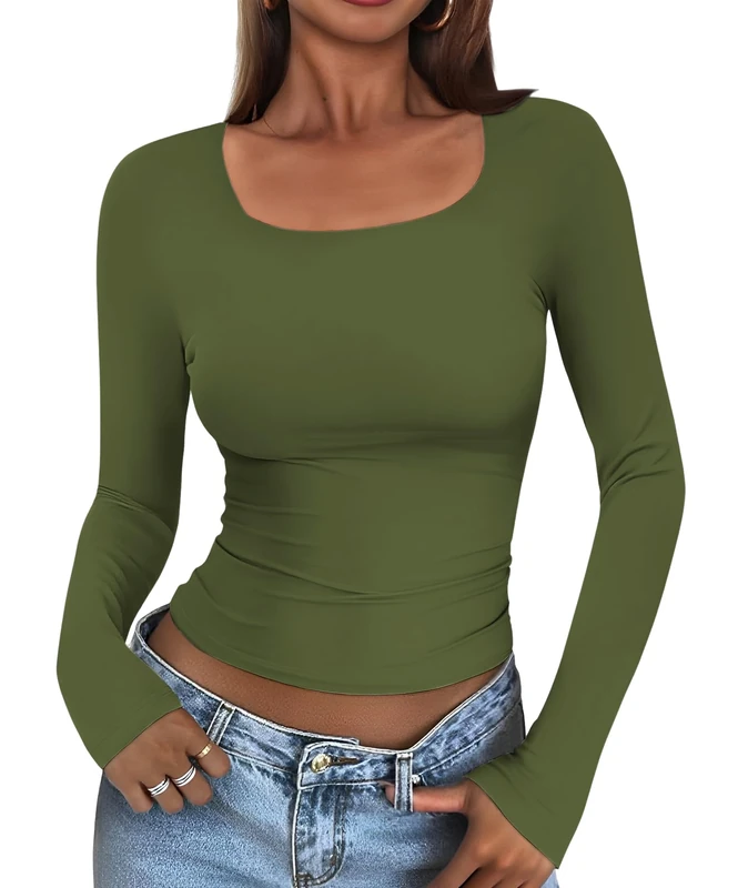 Cuptacc Long Sleeve Women's Tight Skims Top Plain Double Lined Square Neck T-Shirt Women's Long Sleeve Elegant Basics Tops, Army Green, XL