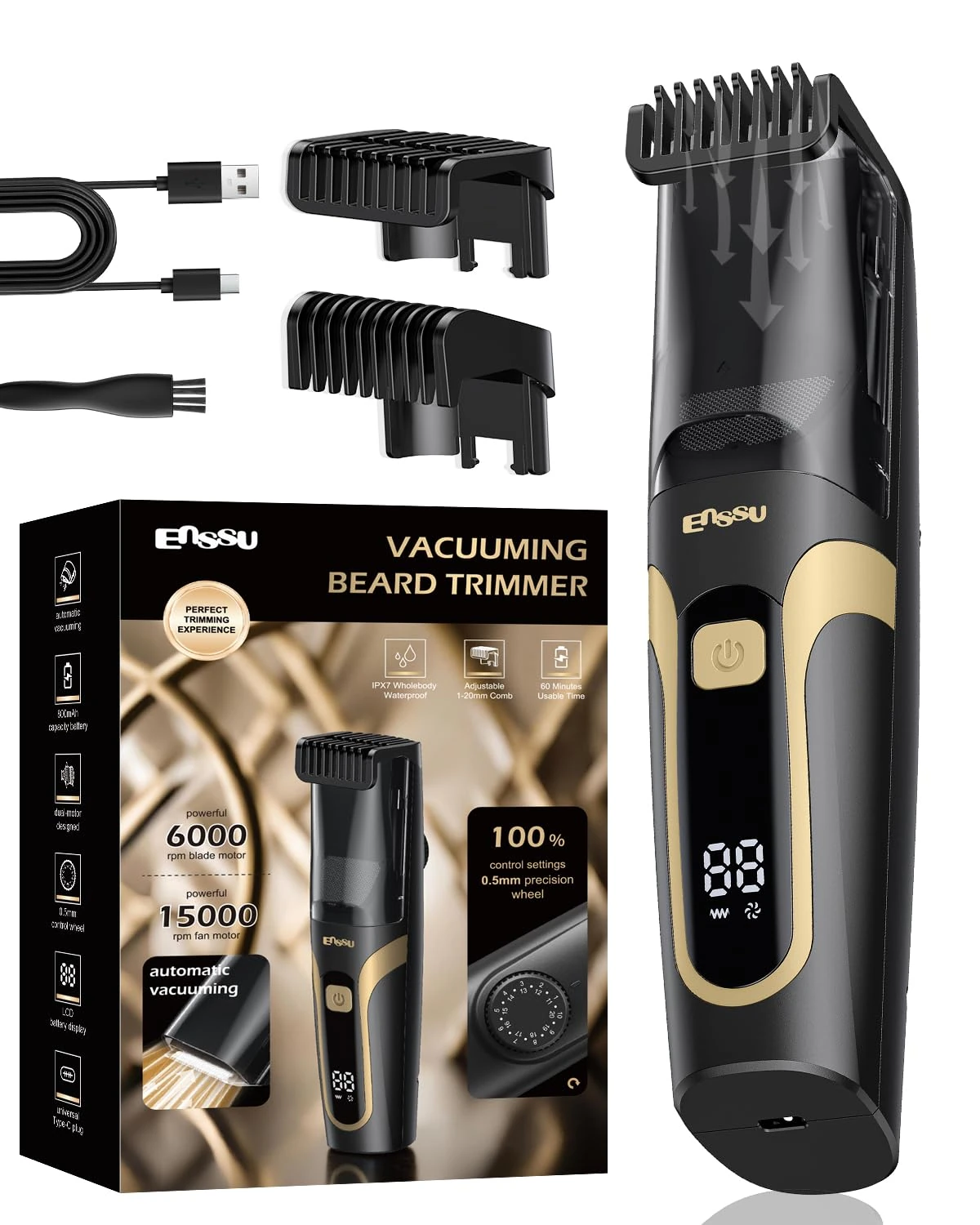 ENSSU Beard Trimmer for Men Auto-Vaccum, Professional Electric Mustache Trimmer with 1-20mm Adjustable Length Dial, Waterproof Cordless Razor for Men for Sideburns, Stubble, Face,Black