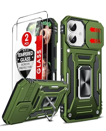 LeYi for iPhone 17 Phone Case with Camera Lens Cover Slider, 2 Pack Screen Protectors, Ring Stand Holder Military Grade Protective Shockproof Armour Cover for i Phone 17, Green