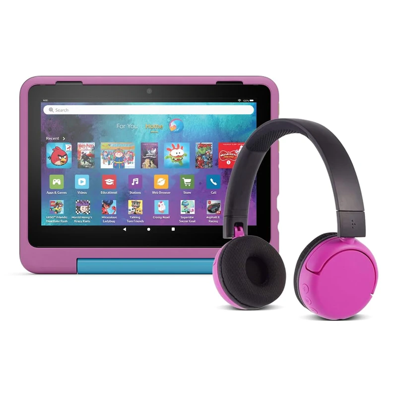 Amazon Fire HD 8 Kids Pro tablet, 3 GB memory, 8" HD screen, parental controls, 13-hr battery, 32 GB and Made for Amazon, BuddyPhones | Pop Time in Pink
