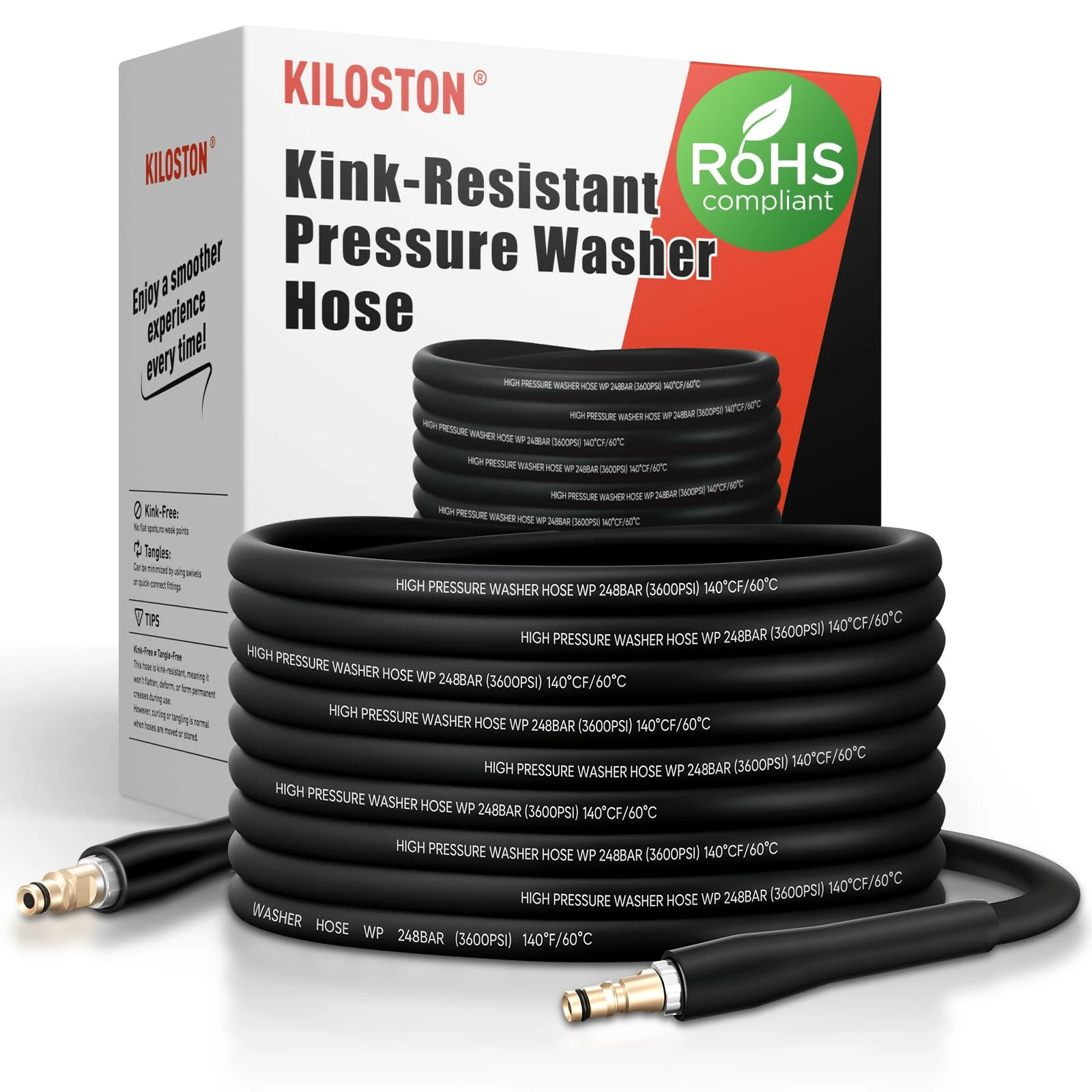 KiloSton 10M Kink-Resistant Pressure Washer Hose – 248Bar / 3600 PSI, Super Flexible Replacement Hose for Karcher K2 K3 K4 K5 K6 K7 Series, All-Weather Use, Black