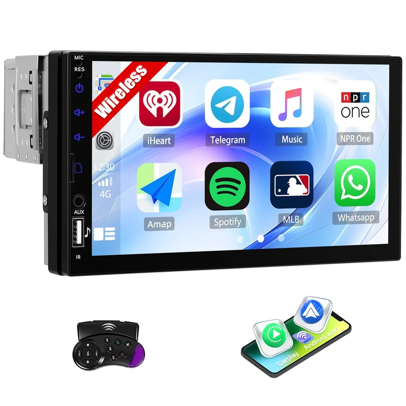 SIXTOP 7" Single Din Car Stereo with Apple Carplay Wireless Android Auto HD Touchscreen 1 Din Car Radio with Bluetooth 5.2 FM Radio Mirror Link USB/AUX/TF Ports Headunit Steering Wheel Control