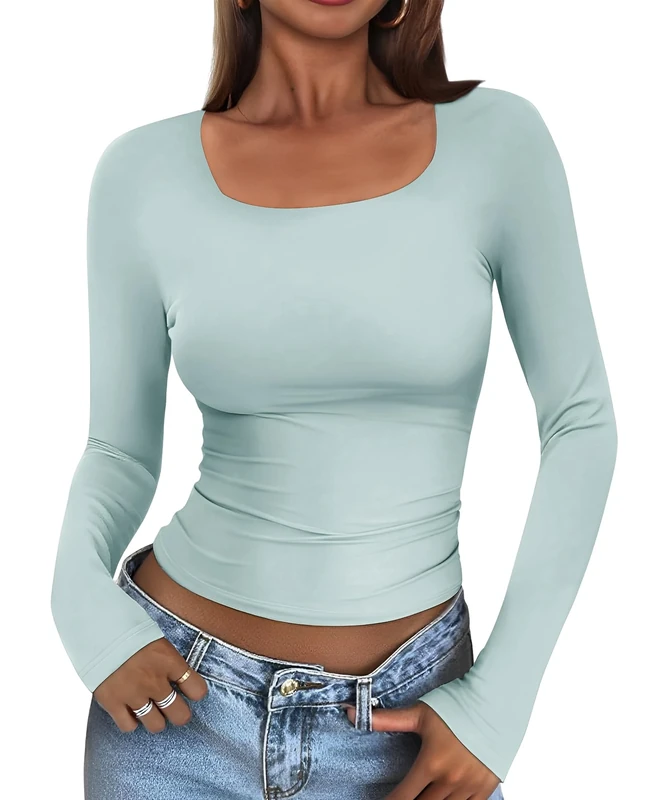 Cuptacc Long Sleeve Women's Tight Skims Top Plain Double Lined Square Neck T-Shirt Women's Long Sleeve Elegant Basics Tops, sky blue, XL