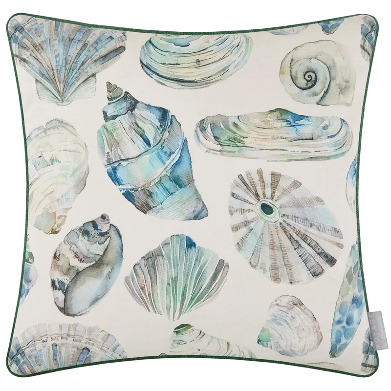 Voyage Maison Rock Pool Feather Filled Cushion – Coastal Shell Watercolour Printed Cotton Piped Linen Touch Décor (Marine - 50x50cm)