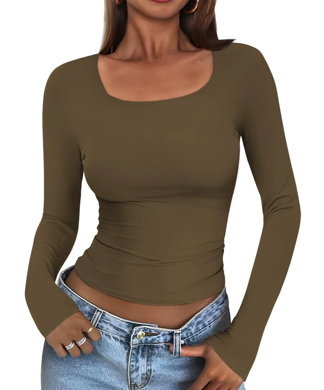 Cuptacc Long Sleeve Women's Tight Skims Top Plain Double Lined Square Neck T-Shirt Women's Long Sleeve Elegant Basics Tops, Coffee grey, XL