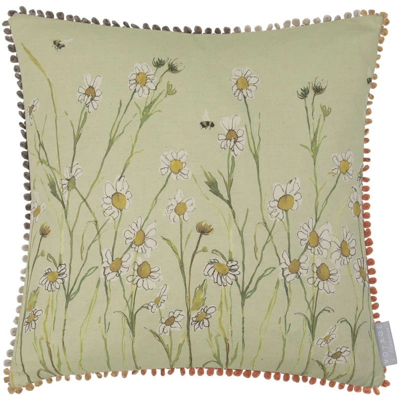 Voyage Maison Ellaphie Feather Filled Cushion – Watercolour Wildflowers Honey Bees Cotton Blend Country Style (Sage - 50x50cm)