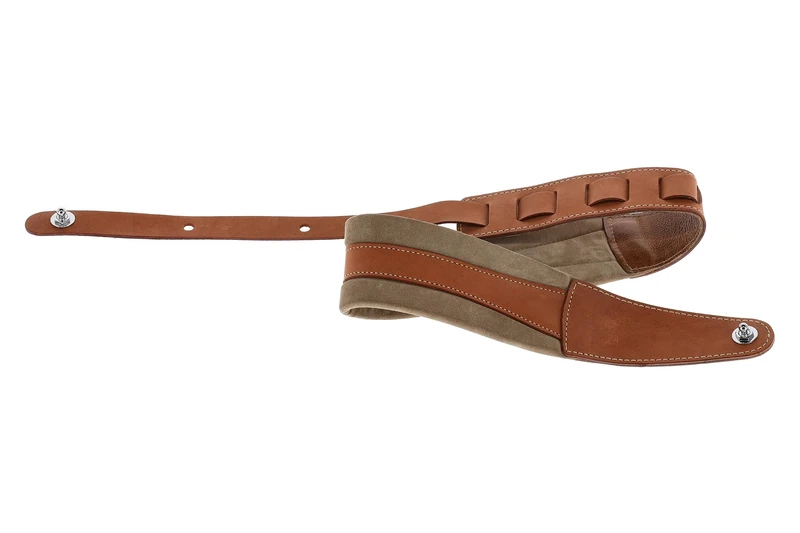 GEWA Guitar Strap Prestige Series, Genuine Leather, Width 85 mm, Length 103-139 cm, Security Locks – Chrome, Dry Sand/Brown – Medium Brown/Brown, 1 Pair F&S Security Locks incl., Handmade in Europe - Image 1