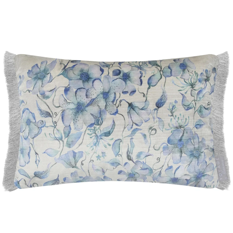 Voyage Maison Daphne Feather Filled Cushion – Fringed Nature Inspired Watercolour Floral Botanical (Blue - 40x60cm) - Image 1