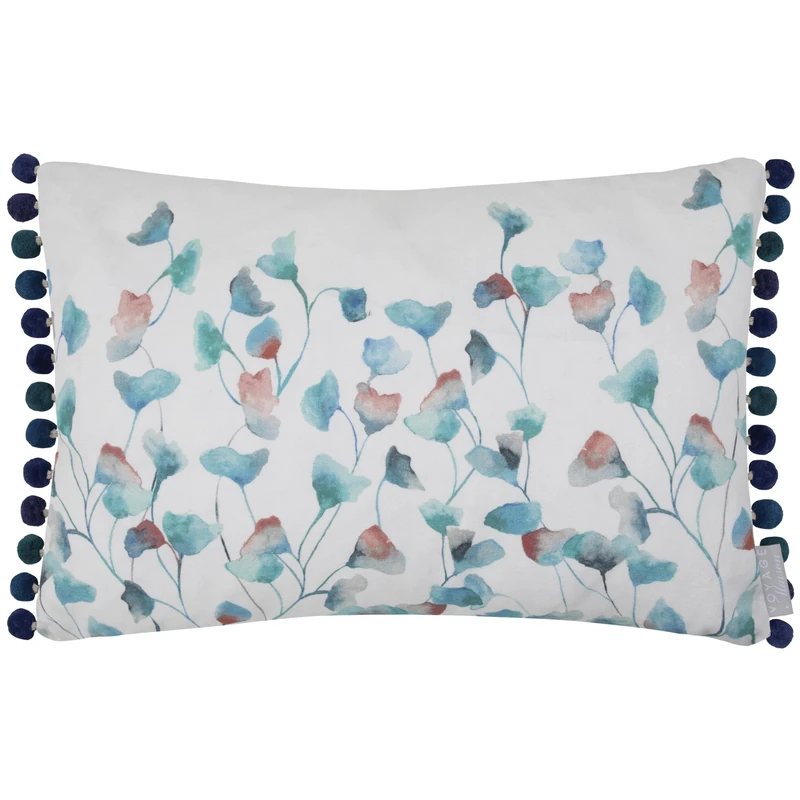 Voyage Maison Cala Feather Filled Cushion – Coastal Watercolour Floral Cotton Linen Pom Pom Trim (Marine - 40x60cm)