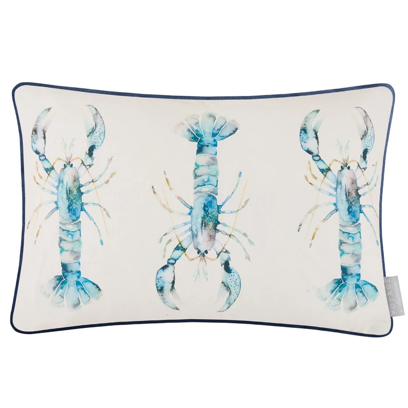 Voyage Maison Lobster Feather Filled Cushion – Coastal Watercolour Trio Printed Cotton Linen Piped Trim Decor (Cobalt - 40x60cm)