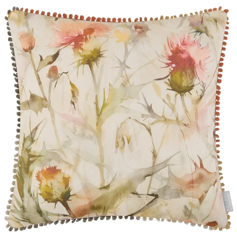 Voyage Maison Cirsium Feather Filled Cushion – Watercolour Thistles Cotton Blend British Countryside (Russet/Cream - 50x50cm)