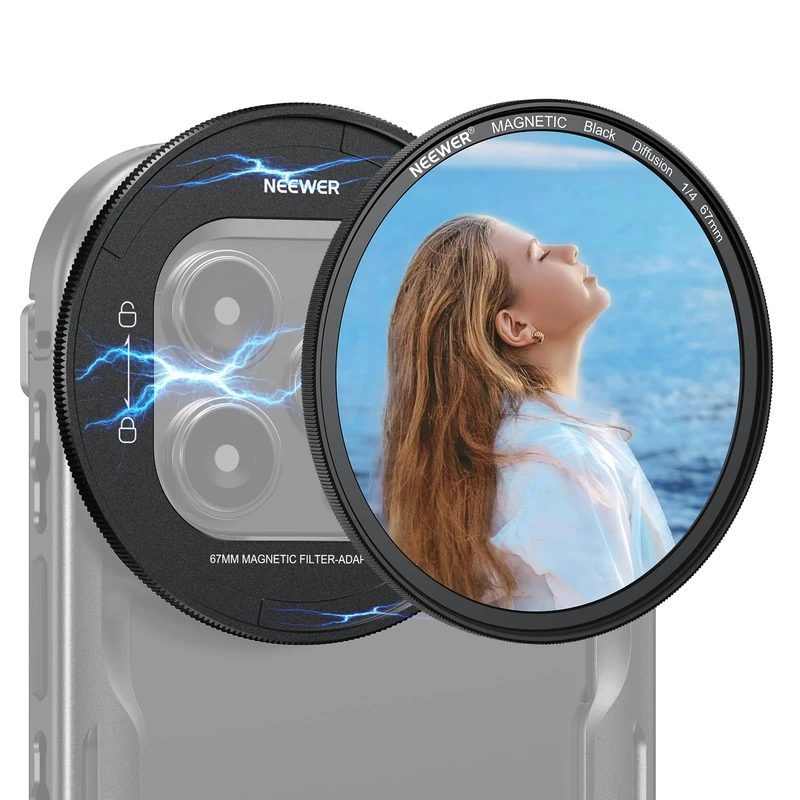 NEEWER 67mm Magnetic Black Diffusion 1/4 Filter Set, Multicoated HD with Magnetic Filter Backplate Adapter, Compatible with iPhone 16 Pro/16 Pro Max Phone Cage Video Rig (PA073/PA074)