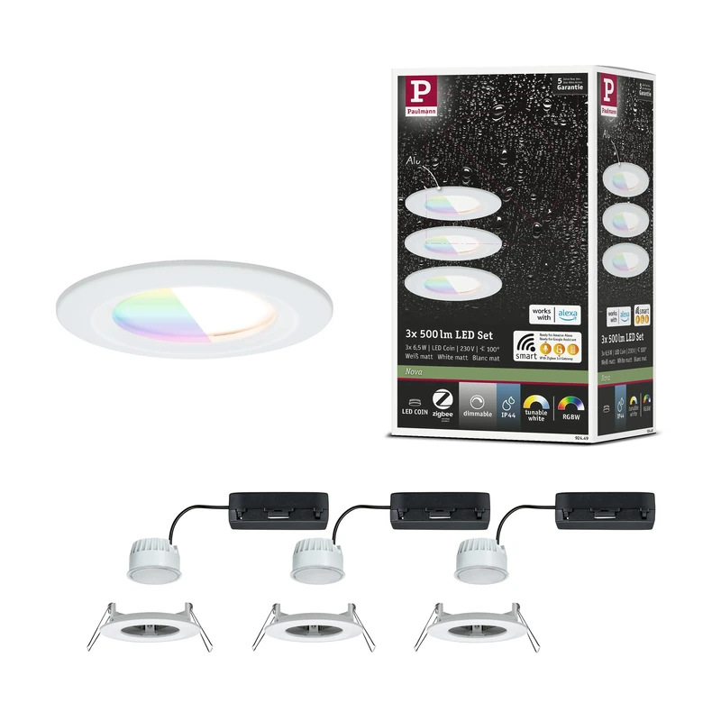 Paulmann 92449 LED recessed Spotlight Nova Coin IP44 Round 78mm RGBW+ 3x6W 3x500lm 230V White Frosted Die-cast Alu