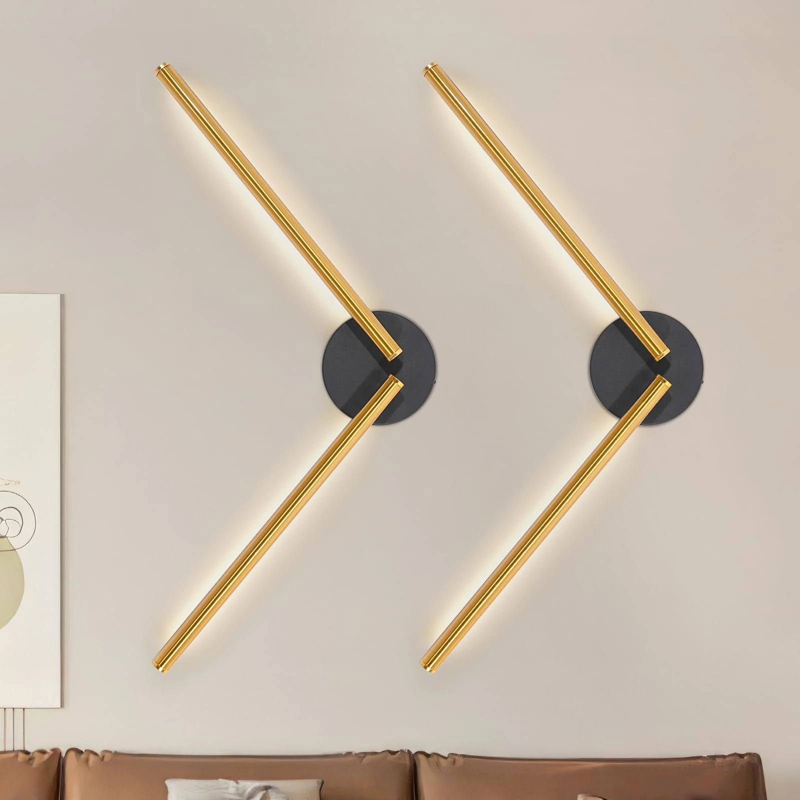 Dehobo Battery Operated Wall Lights Set of 2-300° Rotation Rechargeable Wall Sconce Lights 6600mAh with Remote Control Gold 77CM - Dimmable Wireless Wall Lights 3 Color Temperature for Living Room