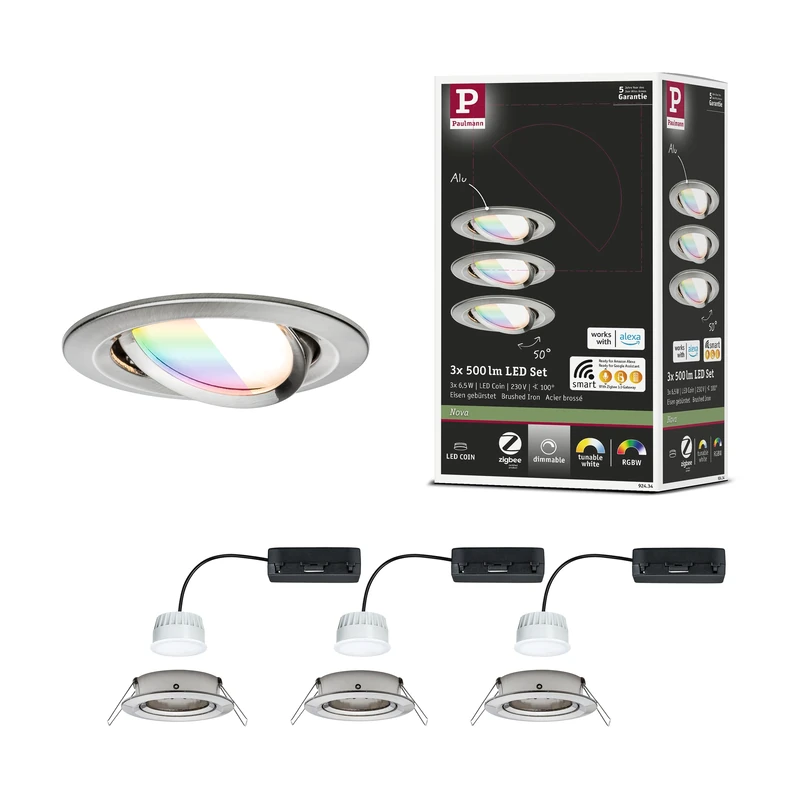 Paulmann 92434 Nova LED recessed Spotlight Round Corner 84 mm 50° RGBW+ 3x6W 3x500lm 230V Brushed Steel die-cast Aluminium