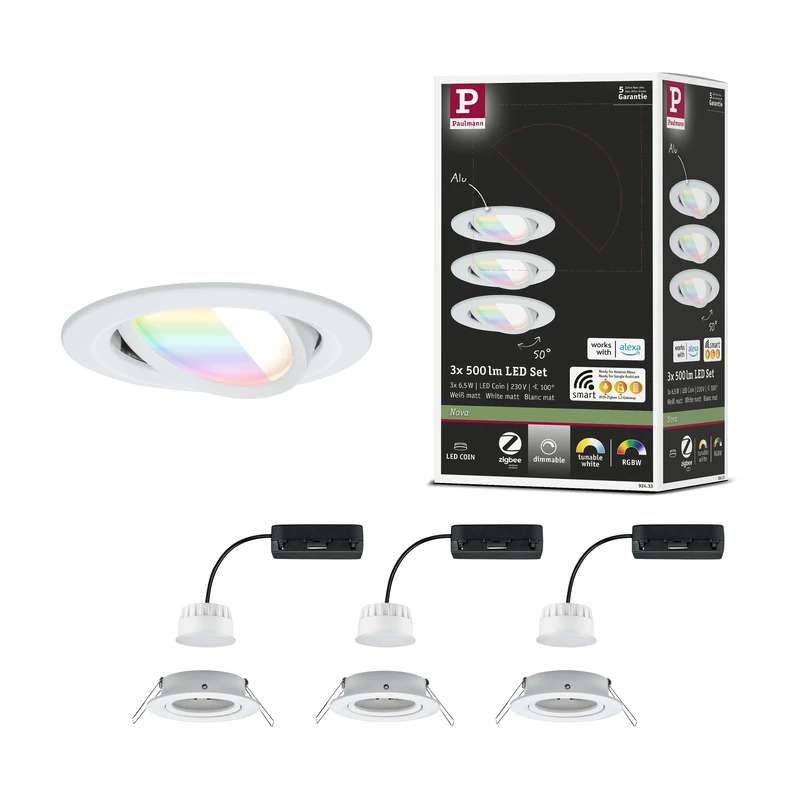 Paulmann 92433 Nova LED Recessed Spotlight Round Corner 84 mm 50° RGBW+ 3x6W 3x500lm 230V Die-Cast Aluminium, Frosted White