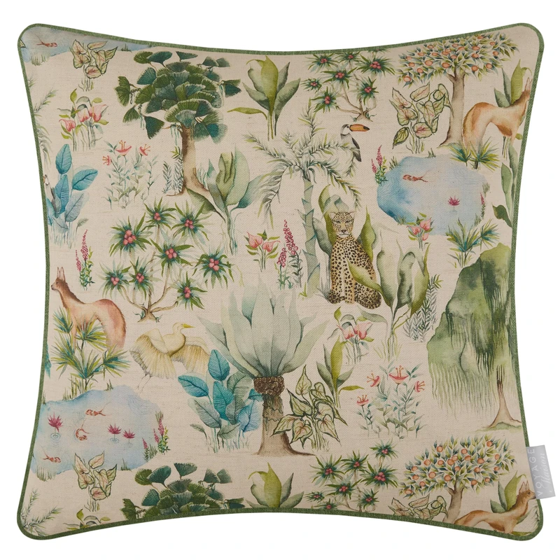 Voyage Maison Jungle Serene Feather Filled Cushion – Tropical Watercolour Printed Cotton Piped Trim Wild Forest Decor (Multicolour - 50x50cm)