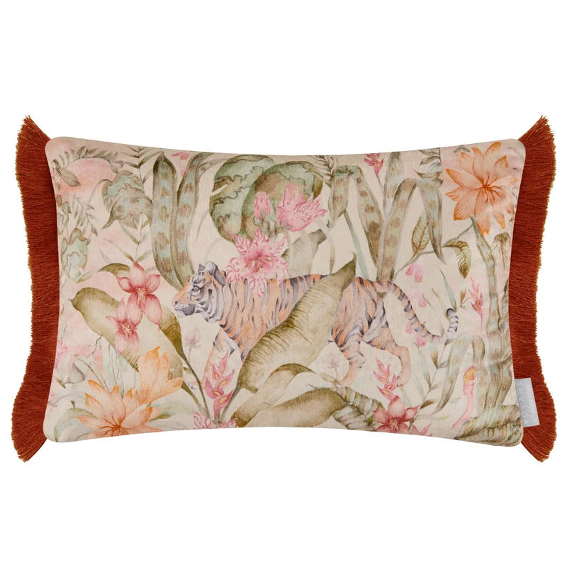 Voyage Maison Tropical Utopia Lotus Feather Filled Cushion – Jungle Watercolour Printed Velvet Exotic Wildlife Fringed Trim Decor (Multicolour - 40x60cm)