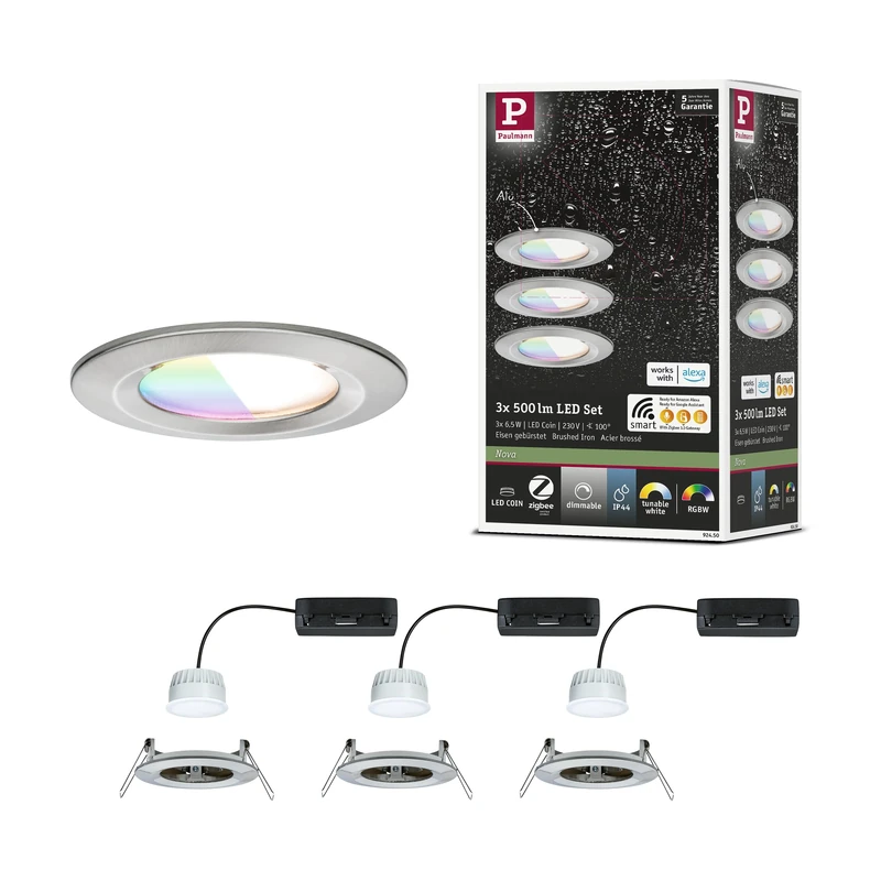 Paulmann 92450 Recessed spot LED Nova Coin IP44 Round 78mm RGBW+ 3x6W 3x500lm 230V Brushed Steel Die-cast Aluminium