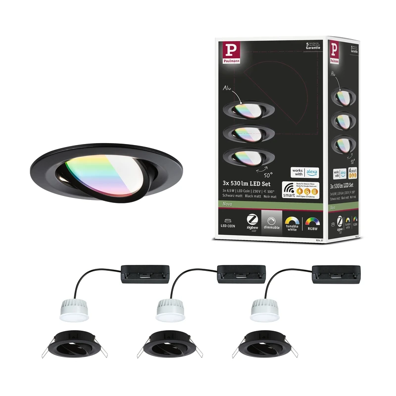 Paulmann 92437 Nova LED recessed Spotlight Round Corner 84 mm 50° RGBW+ 3x6W 3x500lm 230V Matt Black die-cast Aluminium