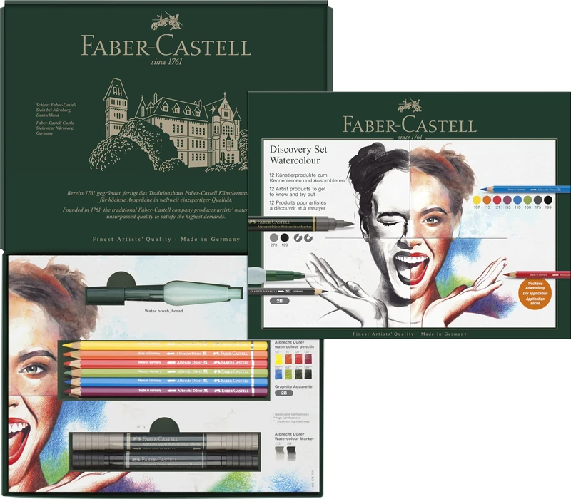 Faber-Castell Discovery Set Albrecht Durer Water Soluble Art Set, 12 Pieces, Artist Supplies, Watercolour Colouring Pencils, Watercolour Markers Pens, Water Brush, Artist Set, Home, School, Art Studio