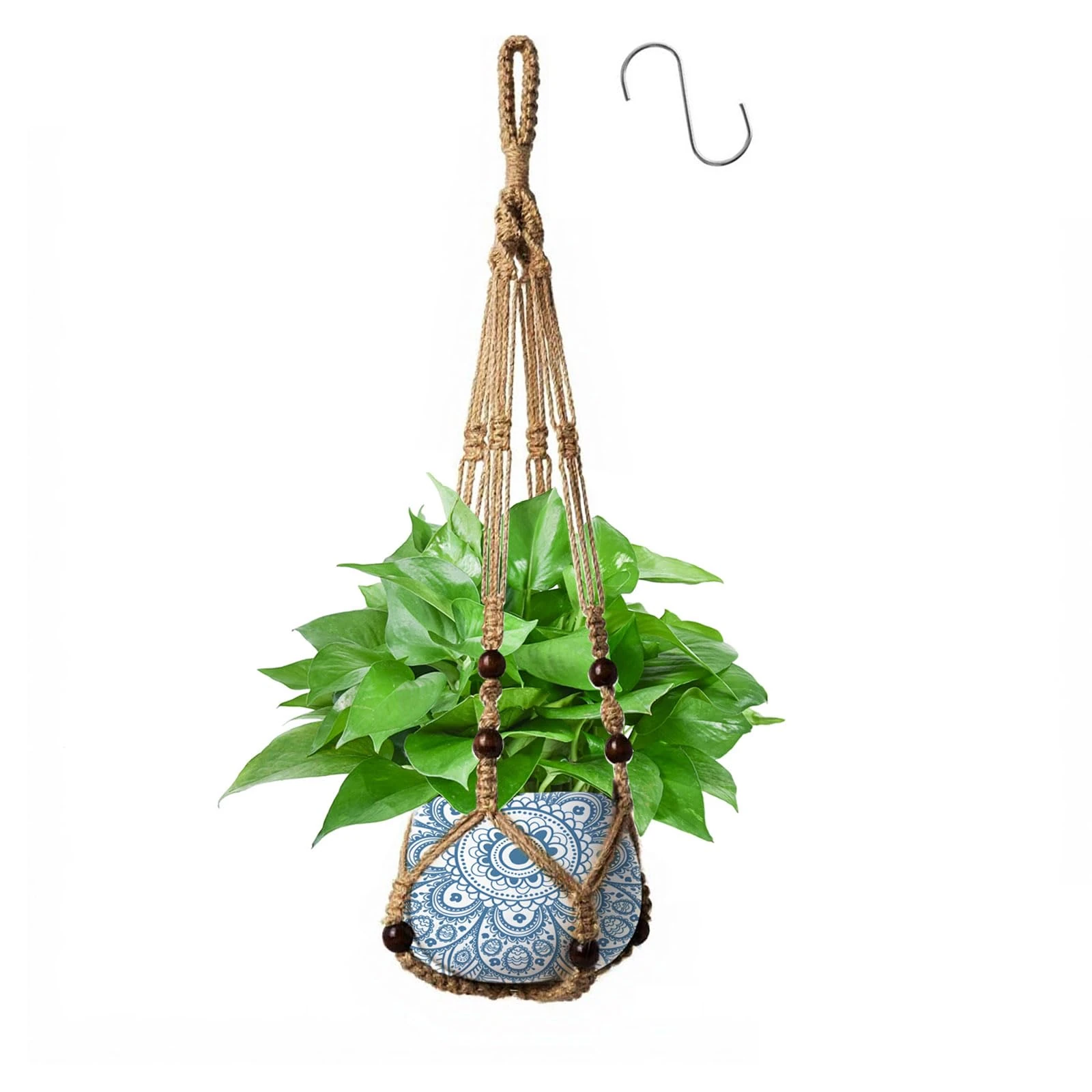 Apstaqeoo Hanging Planters Baskets, Jute Rope Macrame Plant Hanger with Wood Beads Decorative & 1 S Shaped Hook, Wall Hanging Flower Pot Plant Holder for Indoor Outdoor Boho Home Decor No Tassels(1PC)