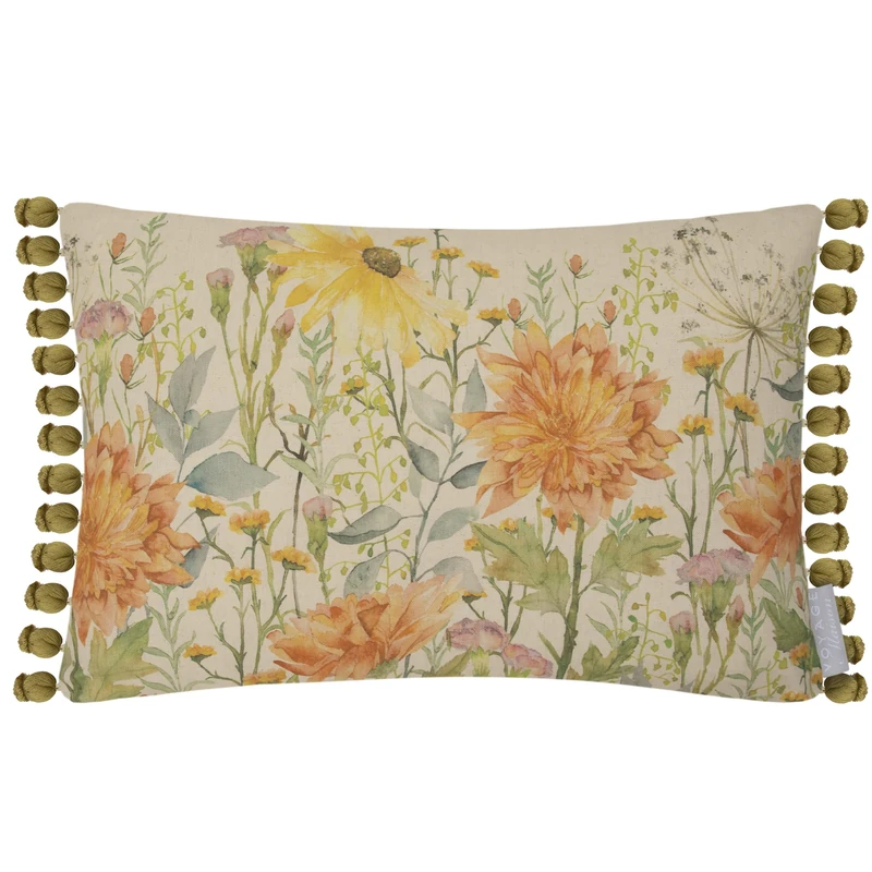 Voyage Maison Delamere Feather Filled Cushion – Watercolour Wildflower Floral Cotton Blend Country Charm Pom Pom Fringed Trim (Linen - 40x60cm)