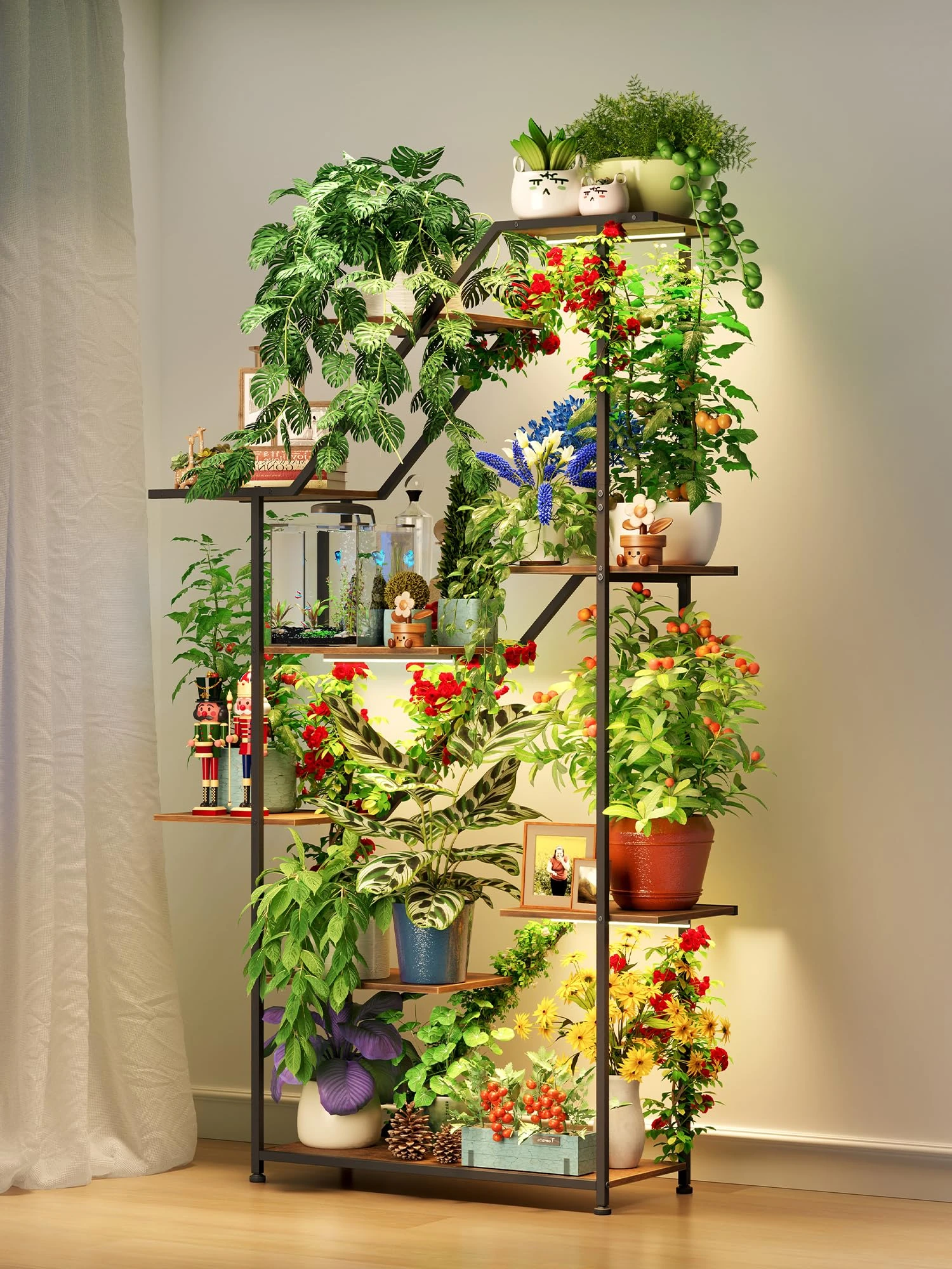 GoTiling Plant Stand Indoor with Grow Lights - 9 Tiered Metal Shelf, 63" Tall Plant Rack for Multiple Plants, Large Flower Holder Stand for Living Room, Patio, Balcony