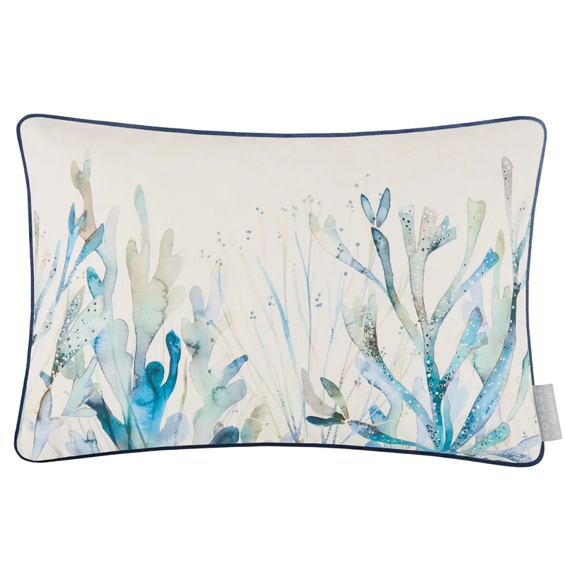 Voyage Maison Coral Reef Feather Filled Cushion – Coastal Watercolour Sea Life Printed Linen Piped Trim Decor (Cobalt - 40x60cm)
