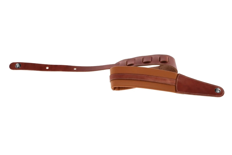 GEWA Guitar Strap Prestige Series, Genuine Leather, Width 65 mm, Length 103-139 cm, Security Locks – Chrome, Dry Sand/Brown – Medium Brown/Brown, Handmade in Europe