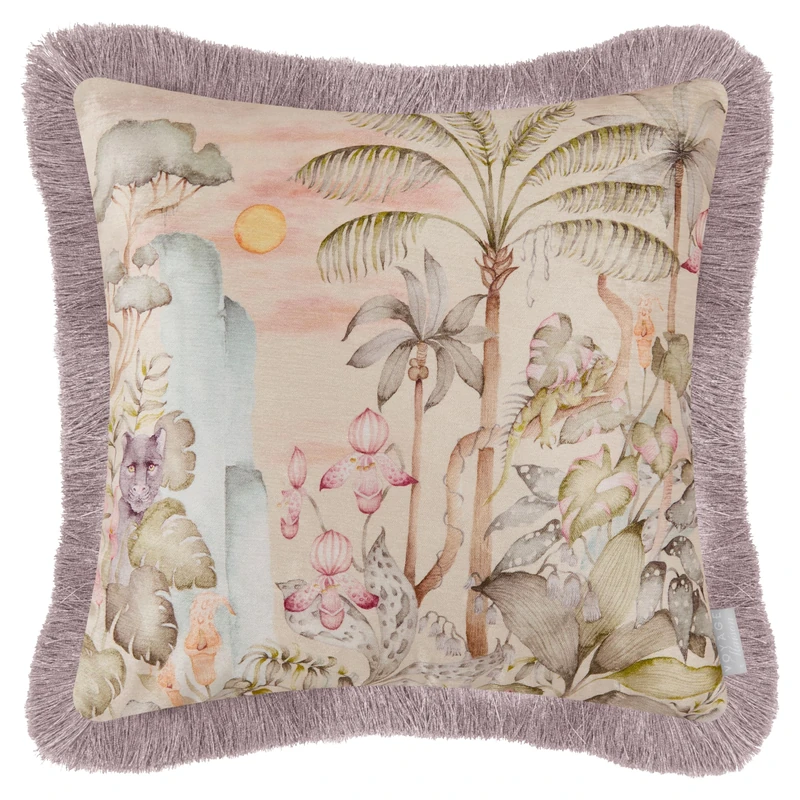 Voyage Maison Elysian Canopy Feather Filled Cushion – Jungle Watercolour Printed Velvet Botanical Rusche Rim (Multicolour - 50x50cm)