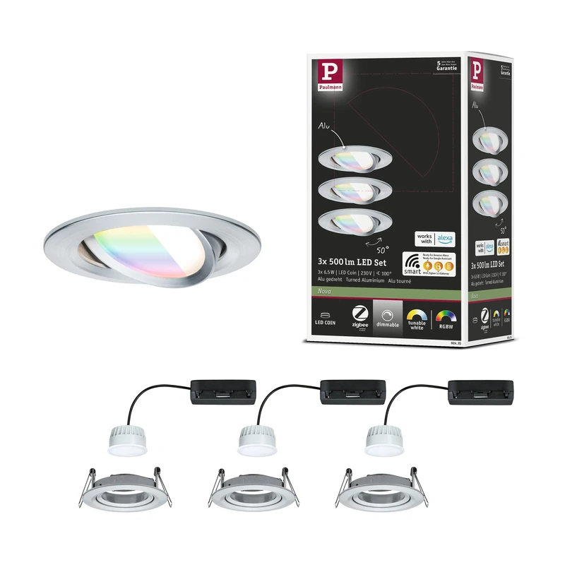 Paulmann 92435 Nova LED Recessed Spotlight Round Corner 84 mm 50° RGBW+ 3x6W 3x500lm 230V Die-Cast Aluminium, Alu Turned