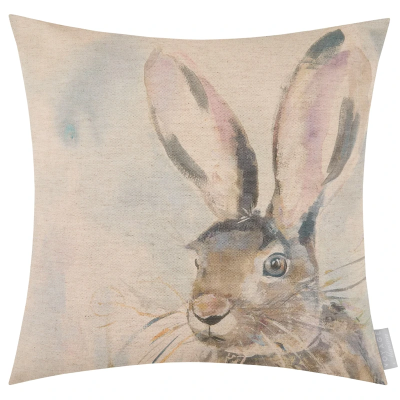 Voyage Maison Harriet Hare Feather Filled Cushion – Hand-Painted Watercolour Linen Blend Heritage Collection Luxury Home Decor (Multicolour - 50x50cm)