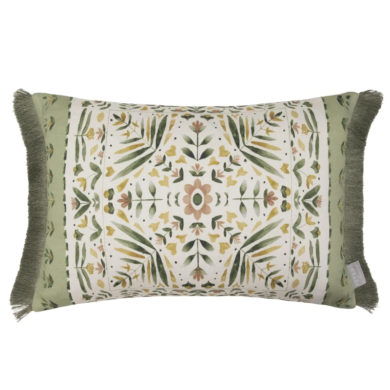Voyage Maison Kari Feather Filled Cushion – Boho Country Rustic Floral Cotton Blend Decor (Sage - 40x60cm)