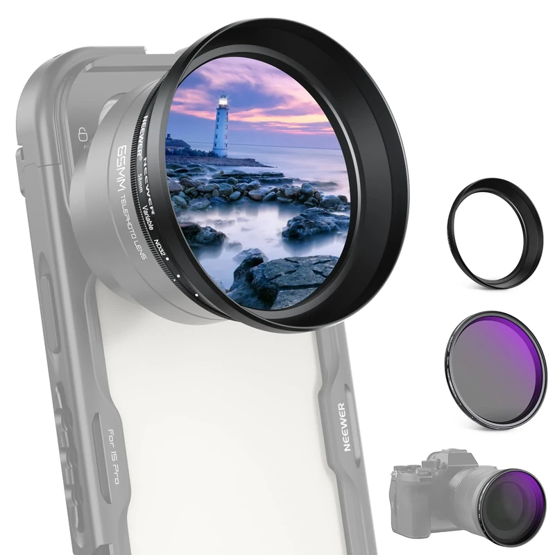 NEEWER 58mm Variable ND Filter with 62mm Lens Hood, ND2-32 Adjustable Neutral Density Filter Compatible with iPhone Android Samsung NEEWER 65mm Telephoto Phone Lens