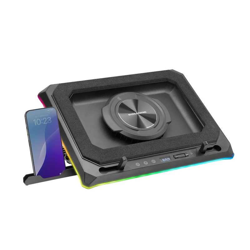 Mars Gaming MNBC-ULTRA, Cooling Base and Stand, 140mm Fan, CoolCore Airflow Technology, RGB Chroma, 5 Positions, Compatibility with Laptops up to 18", Smartphone Holder, 4x USB-A, Black