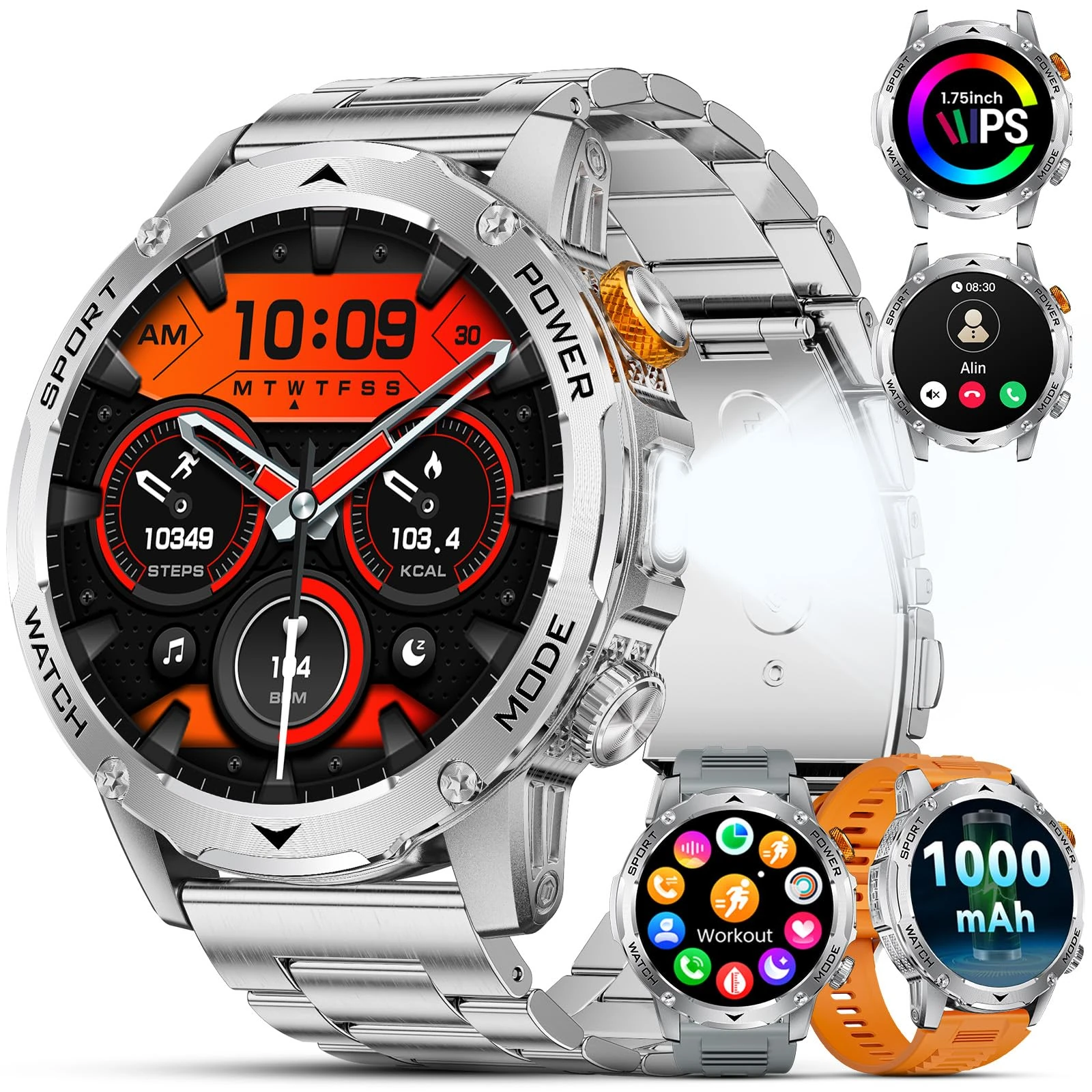 Smart Watch for Men with 1000 mAh Battery/Flashlight,1.75'' HD Large Screen Smart Watch with Call,IP68 Waterproof Fitness Tracker with Heart Rate/Sleep Monitor,100+ Sport Modes,for iOS Android