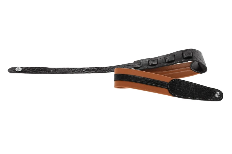 GEWA Guitar Strap Prestige Series, Genuine Leather, Width 65 mm, Length 103-139 cm, Security Locks – Chrome, Dry Sand/Black – Medium Brown/Black, Handmade in Europe