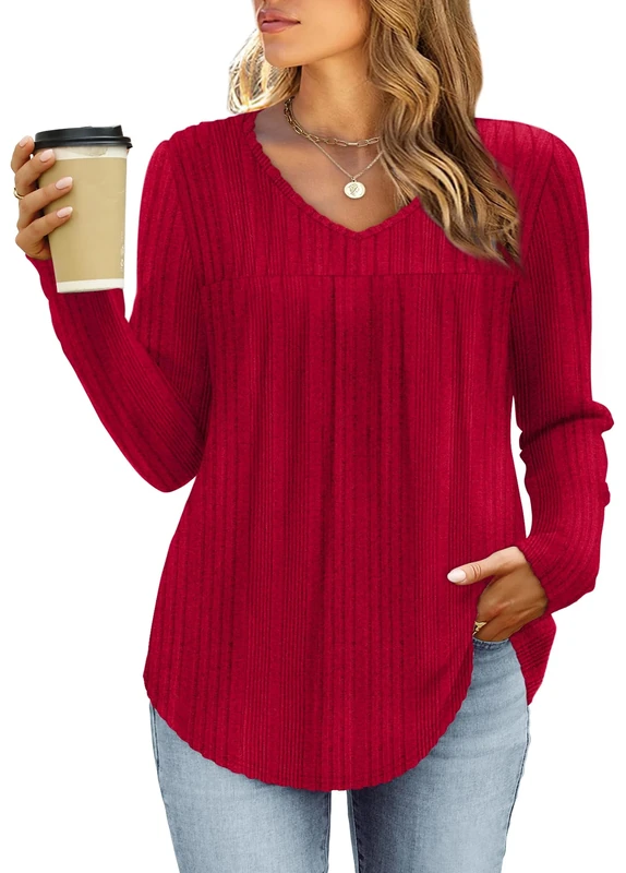 WIHOLL Women's Jumpers Long Sleeve Tops V Neck Ladies Tunic Tops Womens Sweatshirt Valentines Gifts for Her Loose Comfy Red M Size 10-12
